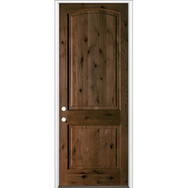 32 in. x 96 in. Rustic Knotty Alder 2-Panel Arch Top Right-Hand/Inswing BEHR Espresso Stain Wood Prehung Front Door