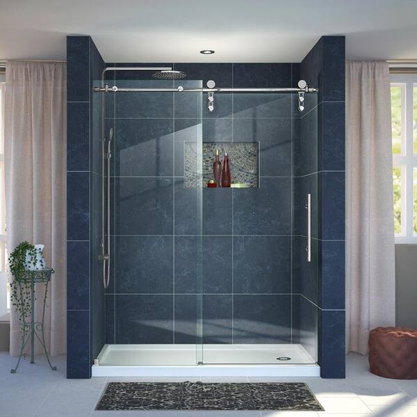 DreamLine Enigma-Z 34 in. x 60 in. x 78.75 in. Frameless Sliding Shower Door in Polished Stainless Steel and Right Drain Base