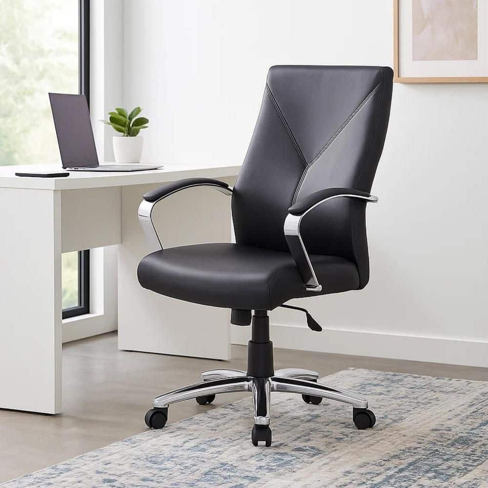 Roe Faux Leather Swivel Office Executive Chair in Black and Chrome with Arms