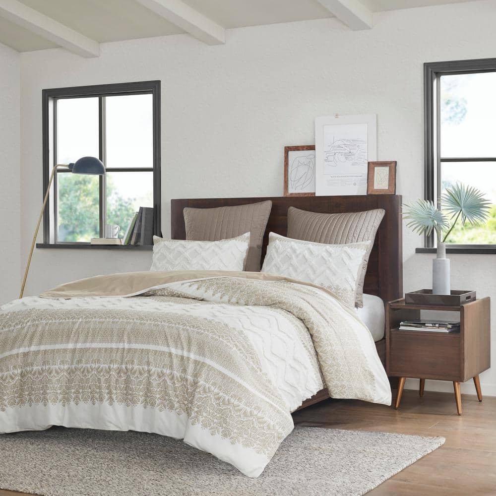 Taupe Cotton King/California King Duvet Cover Set with Textured Accent