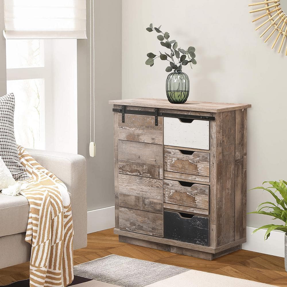 Rustic Brown Wood Sliding Door Cabinet with Adjustable Shelves