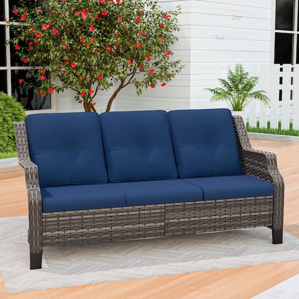 3-Seat Wicker Outdoor Patio Sofa Sectional Couch with Blue Cushions