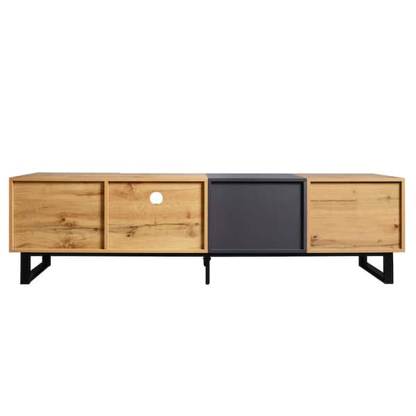 Harper & Bright Designs Modern Wooden Brown TV Stand Fits TVs up to 80 in. Entertainment Center with 3 Cabinets, Open Shelves, Drop Down Door