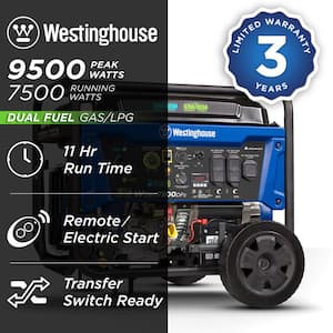 WGen7500DFc 9,500/7,500-Watt Dual Fuel Portable Generator with Remote Start, Transfer Switch Outlet and CO Sensor