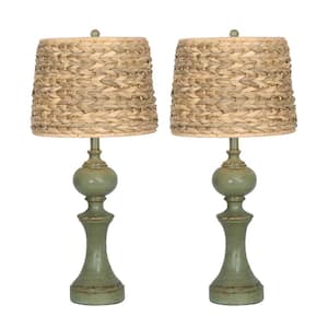 19.5 in. H 1-Light Distressed Dark Green Table Lamp Set With Weaved Grass Shade and Clear SPT-2 Cable (Set of 2)