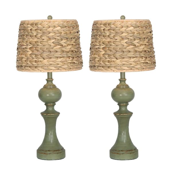 Pia Ricco 19.5 in. H 1-Light Distressed Dark Green Table Lamp Set With Weaved Grass Shade and Clear SPT-2 Cable (Set of 2)
