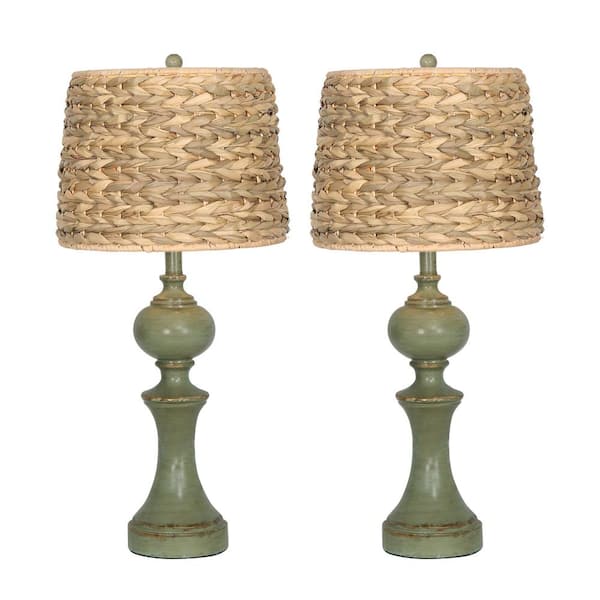 19.5 in. Distressed Green Resin Table Lamp Set and with Sea Grass Shade (Set of 2）