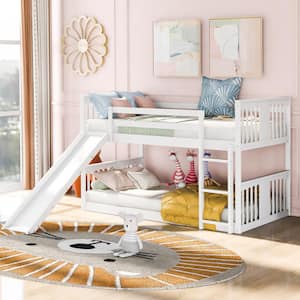 White Wood Frame Twin over Twin Bunk Bed with Slide and Built-in Ladder