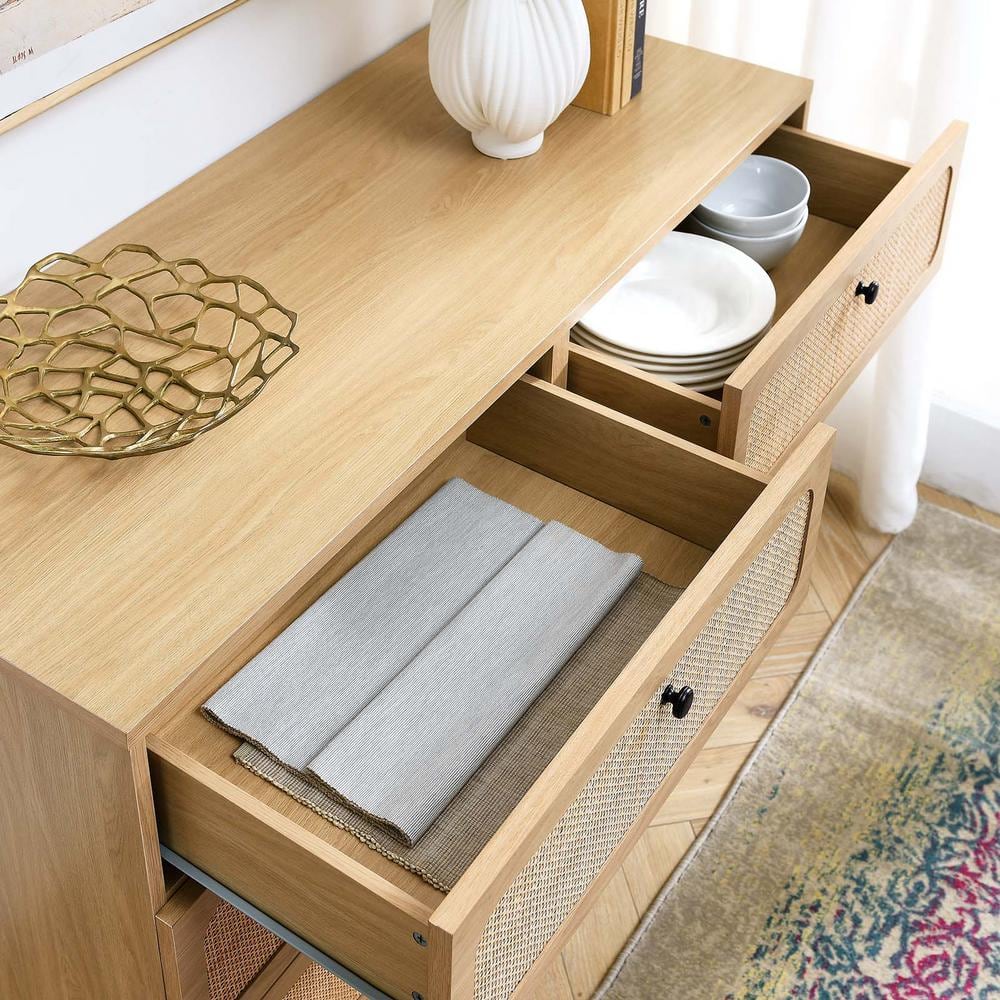 Chaucer Oak and Rattan 6-Drawer Compact Dresser with Adjustable Feet