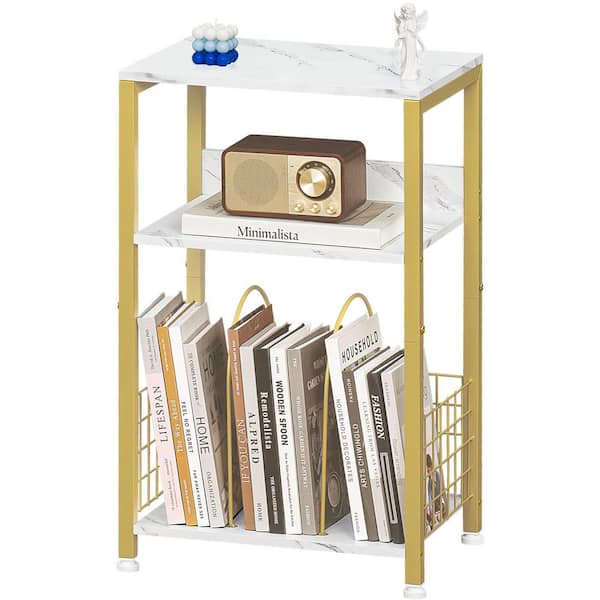 Angel Sar 3-Tier Metal Small Side Table with Storage Shelf for Living Room Bedroom Office Outdoor, White and Gold