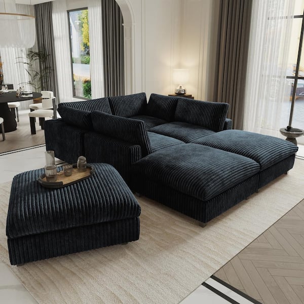 Magic Home Down Filled Oversized 157 in. Square Arm Velvet L-Shaped Modular Sofa Cloud Couch with Ottoman, Washable Covers in Black