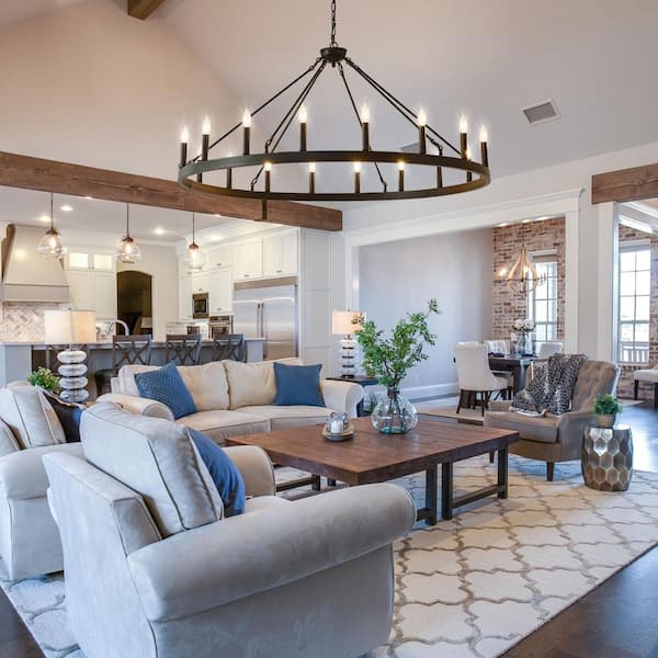 18-Light Matte Black Wagon Wheel Chandelier,53.15 in.Adjustable Ceiling Light for Dining Room,Living Room(No Bulbs)-E12