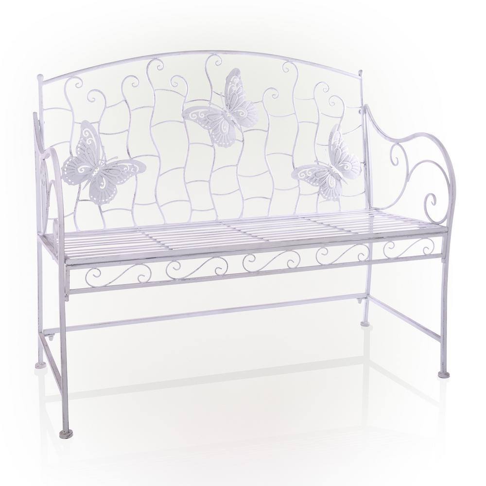 White Metal Butterfly Backrest Garden Bench, 43"