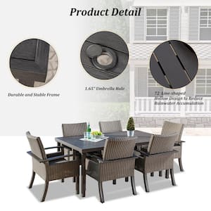 73 in. D x 41 in. W x 30 in. H Mongue 7-Piece Aluminum Frame Brown Wicker Dining Set w/6 Chairs, Table w/Umbrella Hole
