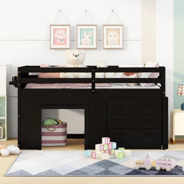 Espresso Twin Loft Bed Frame with Storage Drawers, Solid Wood Low Loft Bed with Cabinet and Shelf for Kids Girls Boys
