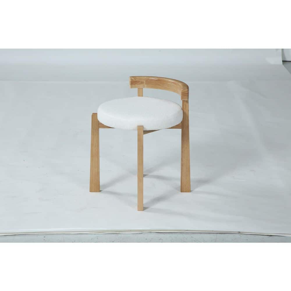 Elsa 22.8 in. H Oak and White Round Vanity Stool with Faux Wool Cushion,Makeup Stool with Solid Wood Frame(Only Stool)