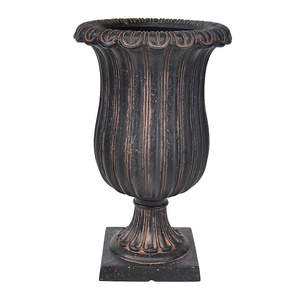 MPG 16-1/4 in. x 26-1/2 in. Cast Stone Fiberglass Urn on Square Base in Aged Charcoal