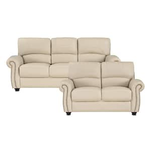 Brennen 84 in. W Rolled Arm Leather Rectangle 2-Piece Living Room Sofa Set in. Cream