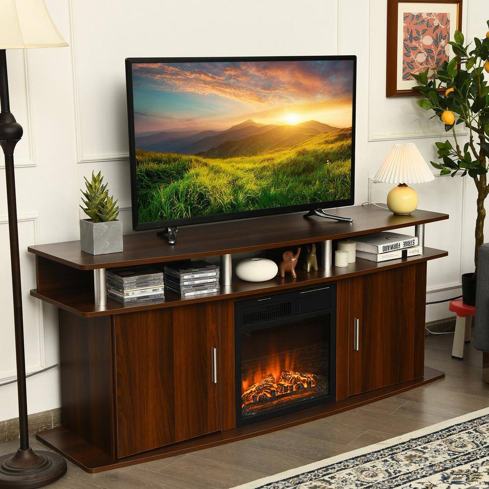 Walnut 63 Inch TV Stand with Cabinets and Fireplace Option
