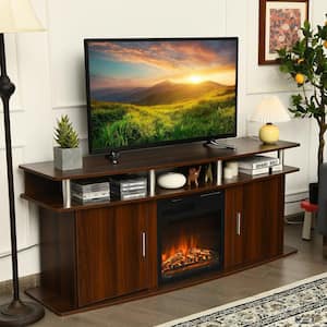 63 in. Walnut Entertainment Console Center TV Stand Fits TV's up to 70 in. with 2-Cabinets,Easy to Assemble