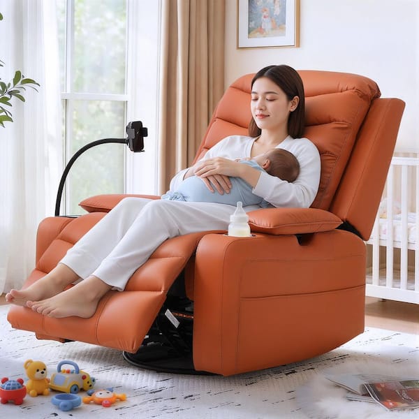 28 in. Orange PU Leather Power Swivel Recliner Chair with Heat and Cooling Cup Holders