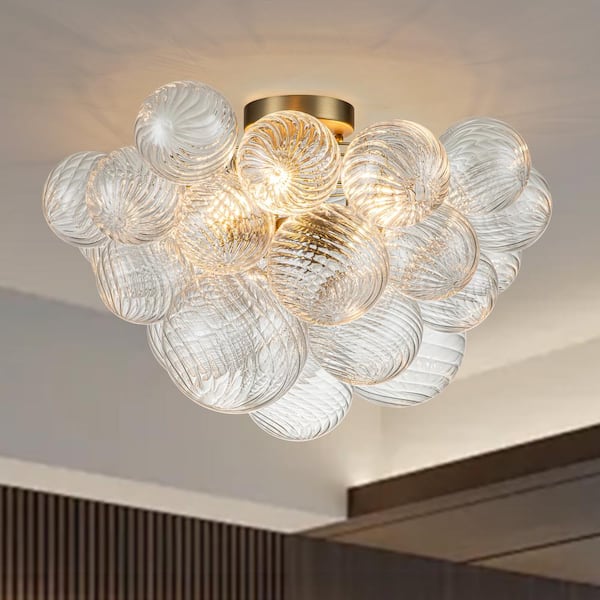 Neuvy 19 in. W 3-Light Brass Cluster Semi-Flush Mount Chandelier with Grape Swirled Glass Shades Foyer Close to Ceiling