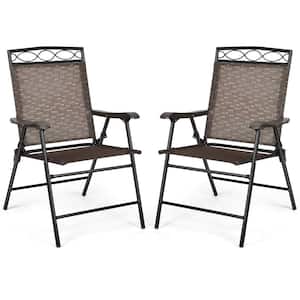 Brown Metal Folding Lawn Chair with Armrest (Set of 2)