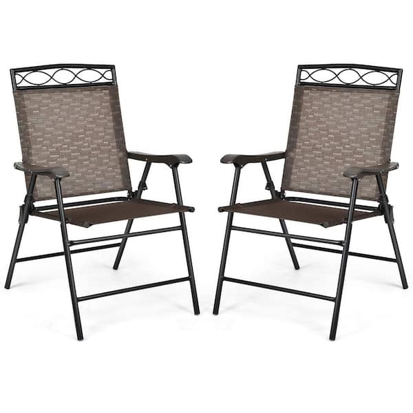 Alpulon Brown Metal Folding Lawn Chair with Armrest (Set of 2)