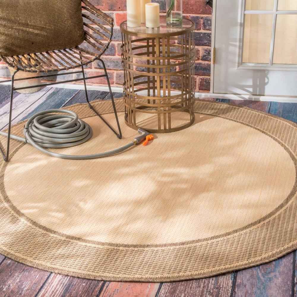 Beige Rectangular Synthetic Reversible Indoor/Outdoor Area Rug