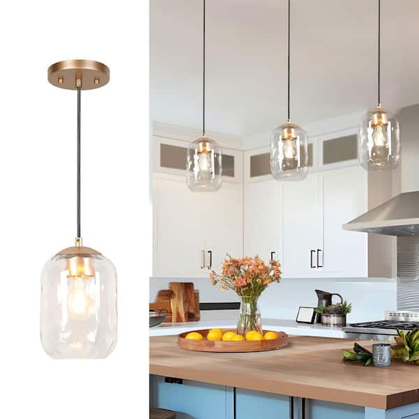 Modern Farmhouse 1-light Dark Gold Pendant Light, Water Glass Shade Hanging Light, Mini Chandelier for Dining Room