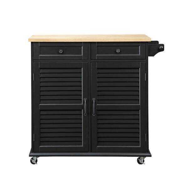 USL Portland Black Kitchen Cart with Natural Wood Top