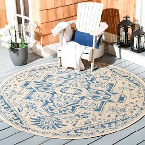 Beach House Blue/Cream 8 ft. x 8 ft. Kilim Floral Indoor/Outdoor Patio  Round Area Rug