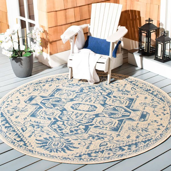 Beach House Blue/Cream 8 ft. x 8 ft. Kilim Floral Indoor/Outdoor Patio  Round Area Rug