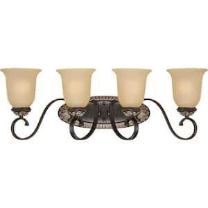 Bristol 4-Light Indoor Vintage Bronze with Antique Gold Bath or Vanity Wall Mount with Sepia Glass Bell Shades