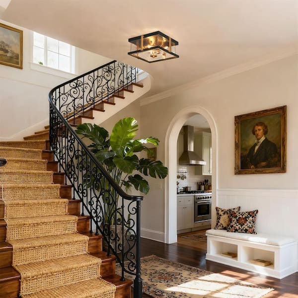 Farmhouse 3-Light Black Flush Mount Light with Square Seeded Glass, 12 in. Rustic Dark Gold Ceiling Light for Entryway