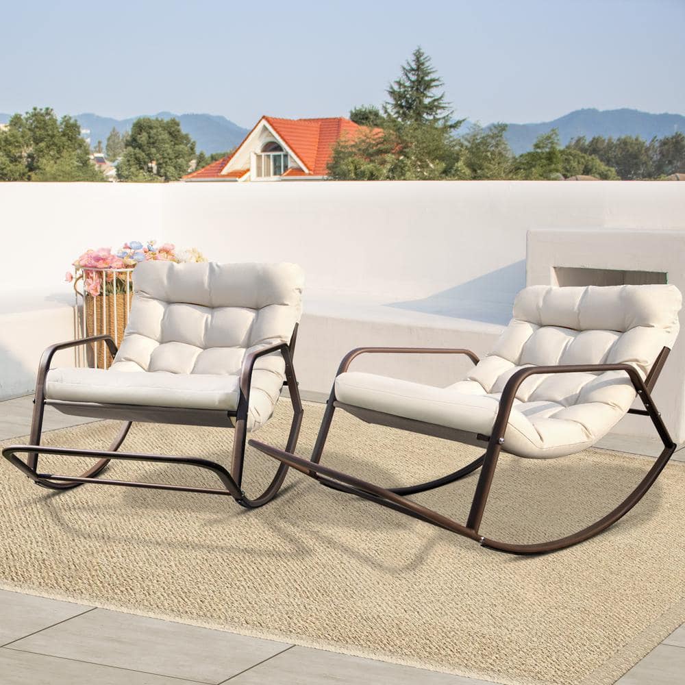 Oversized Brown Metal Outdoor Rocking Chair Papasan Lounge Chair with Beige