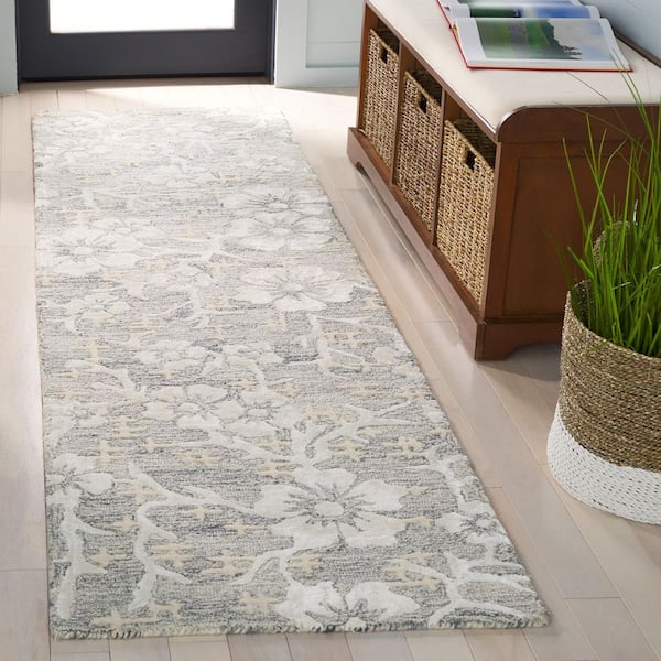 Glamour 2 ft. x 8 ft. Gray/Ivory Distressed Floral Runner Rug