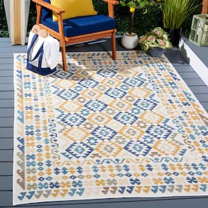 Sunrise Ivory/Blue Gold 7 ft. x 7 ft. Geometric Border Reversible Indoor/Outdoor Square Area Rug