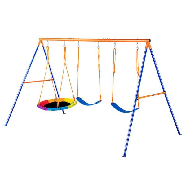 600 lbs. Swing Set for Backyard Metal Outdoor Swing Set w/ 3 Seats (1 Saucer Plus 2 Belt) Heavy Duty A-Frame Metal Frame