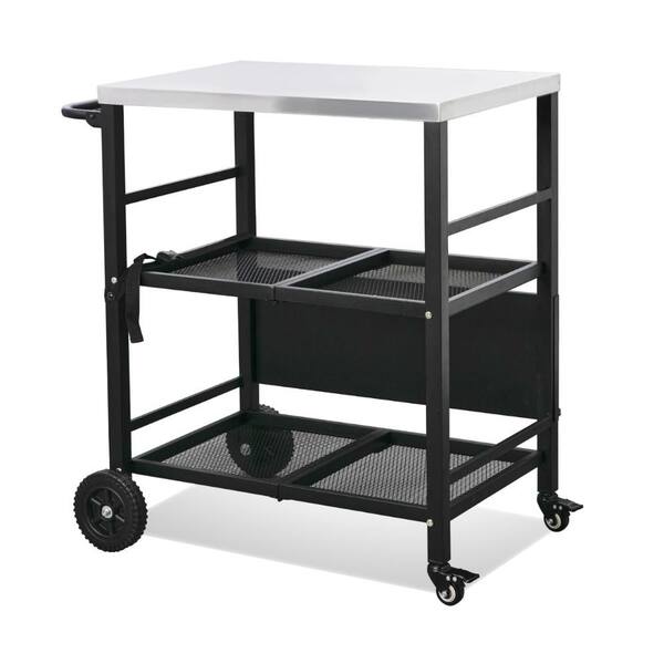 4-Wheel Foldable BBQ Cart Grill Station with Stainless Steel Top and Foldable Shelf