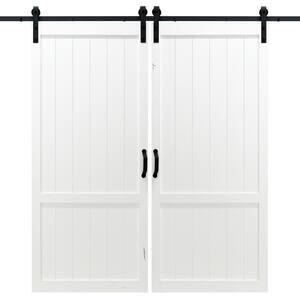 42 in. x 84 in. White Country Vintage Wood Double Sliding Barn Door with Hardware Kit