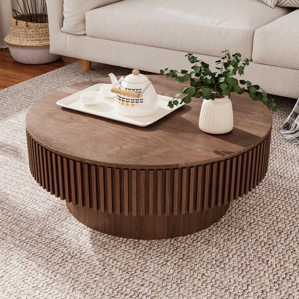 Leigh 31.5 in. Brown Round MDF Wood Coffee Table with Storage, Fluted Design, Walnut