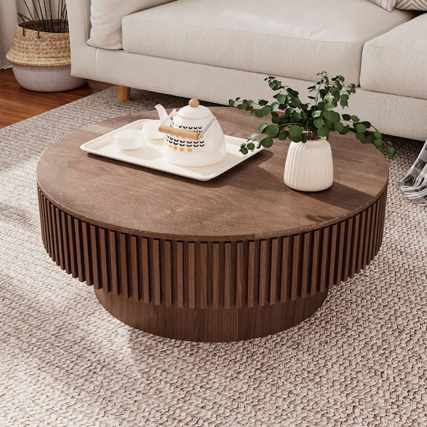 Leigh 31.5 in. Brown Round MDF Wood Coffee Table with Storage, Fluted Design, Walnut