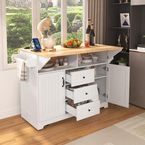 OLUMAT White Wood 55.7 in. W Rolling Kitchen Island Cart with Drop Leaf, 3-Drawers, 2-Doors and Open Shelves