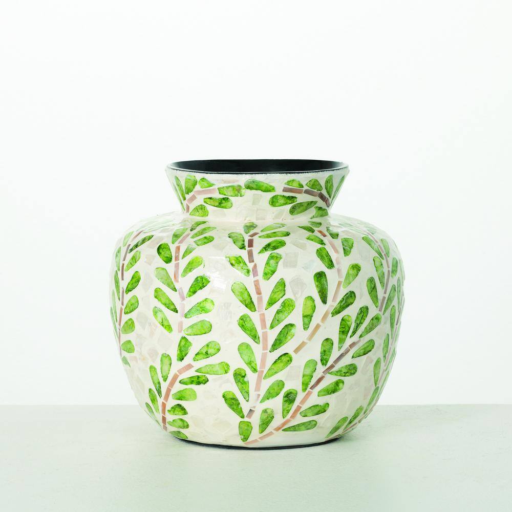 9.5" Green and Ivory Capiz Leaf Pattern Bouquet Vase
