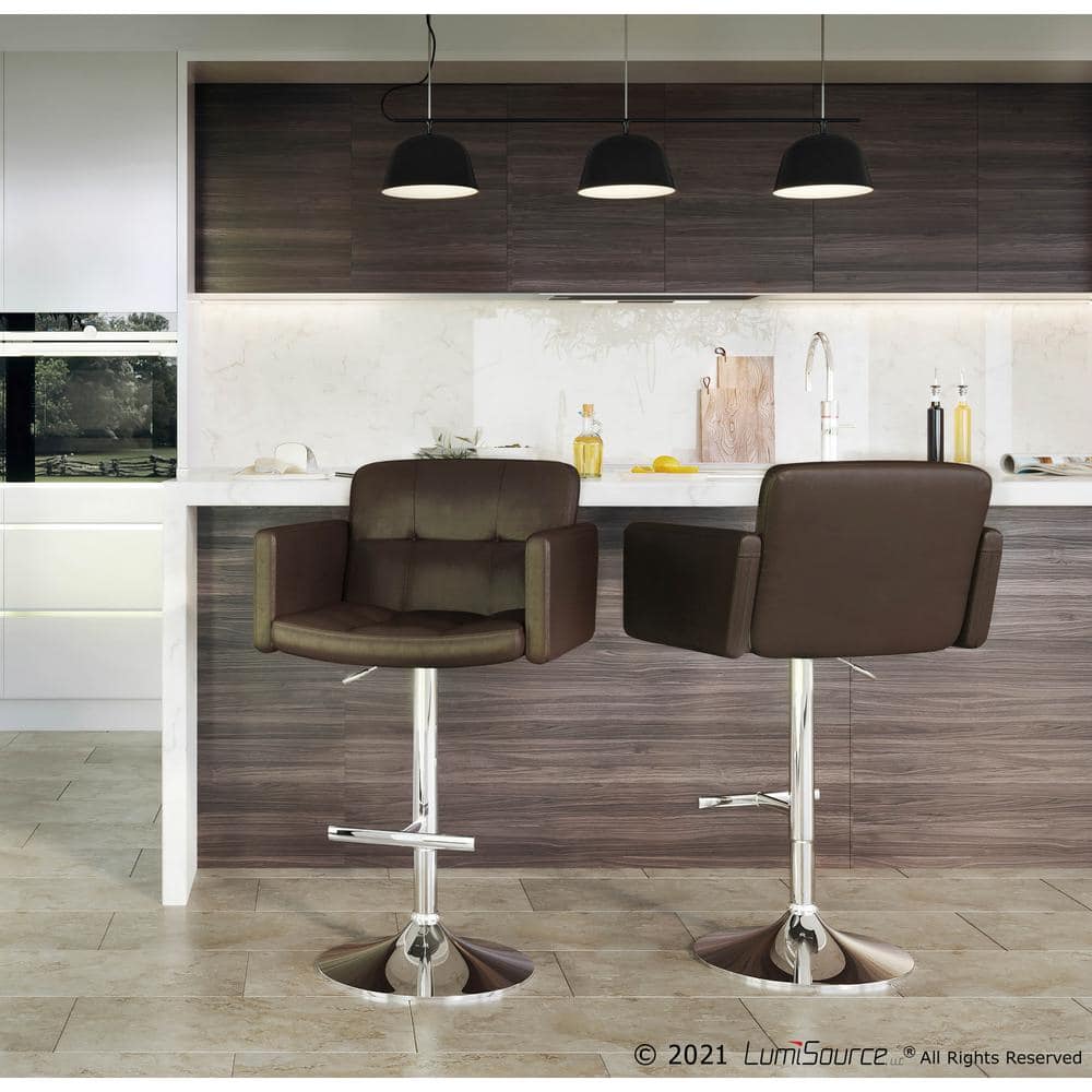 Adjustable Swivel Stout Barstool in Brown Leather and Metal