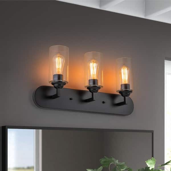 C Cattleya 24 in. 3 Light Black Vanity Light with Clear Cylinder Glass Shade