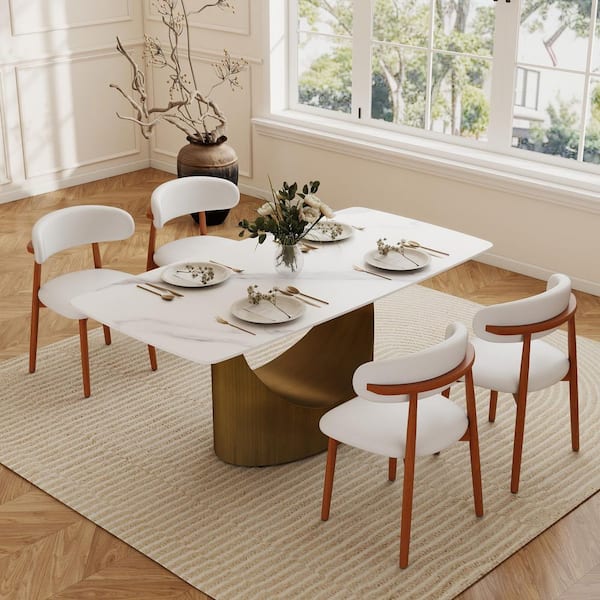 Set of 4, Upholstered Faux Leather Dining Chair with Wood Legs in Walnut