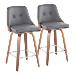 Gianna 25.75 in Grey Faux Leather, Walnut Wood & Chrome Metal Counter Height Bar Stool with Square Footrest (Set of 2)