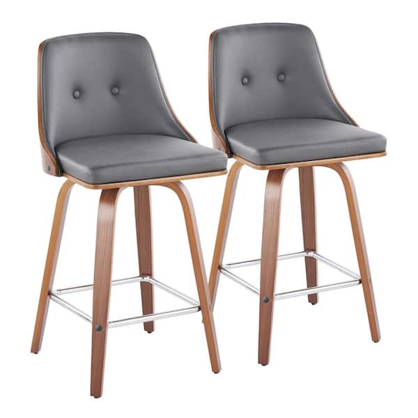 Lumisource Gianna 25.75 in Grey Faux Leather, Walnut Wood & Chrome Metal Counter Height Bar Stool with Square Footrest (Set of 2)